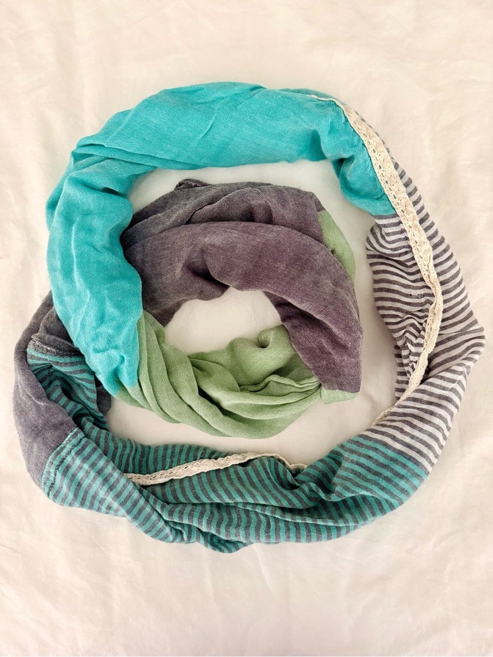 Aqua Sage Gray Colorblock Striped Lightweight Soft Infinity Scarf Crochet Trim